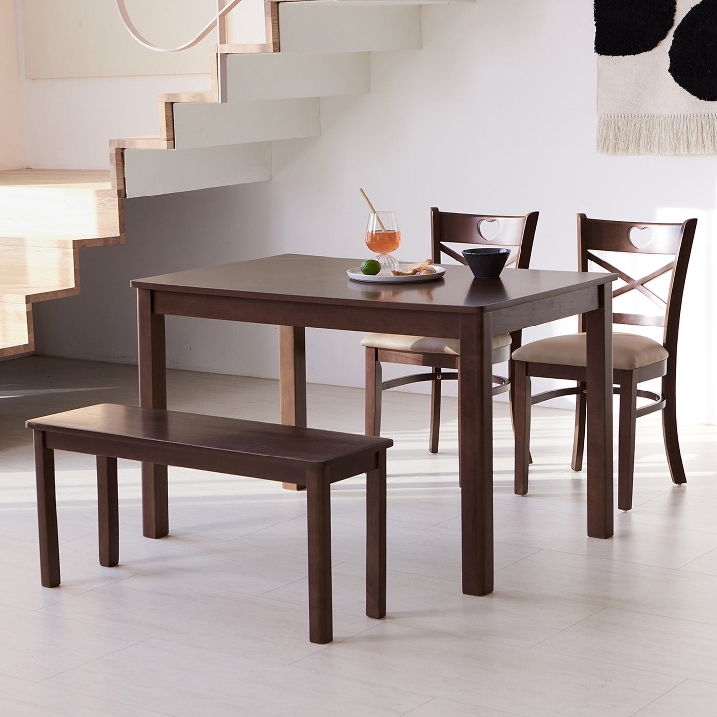 4 Piece Cabin Heart Wooden Dining Room Table Set with Bench