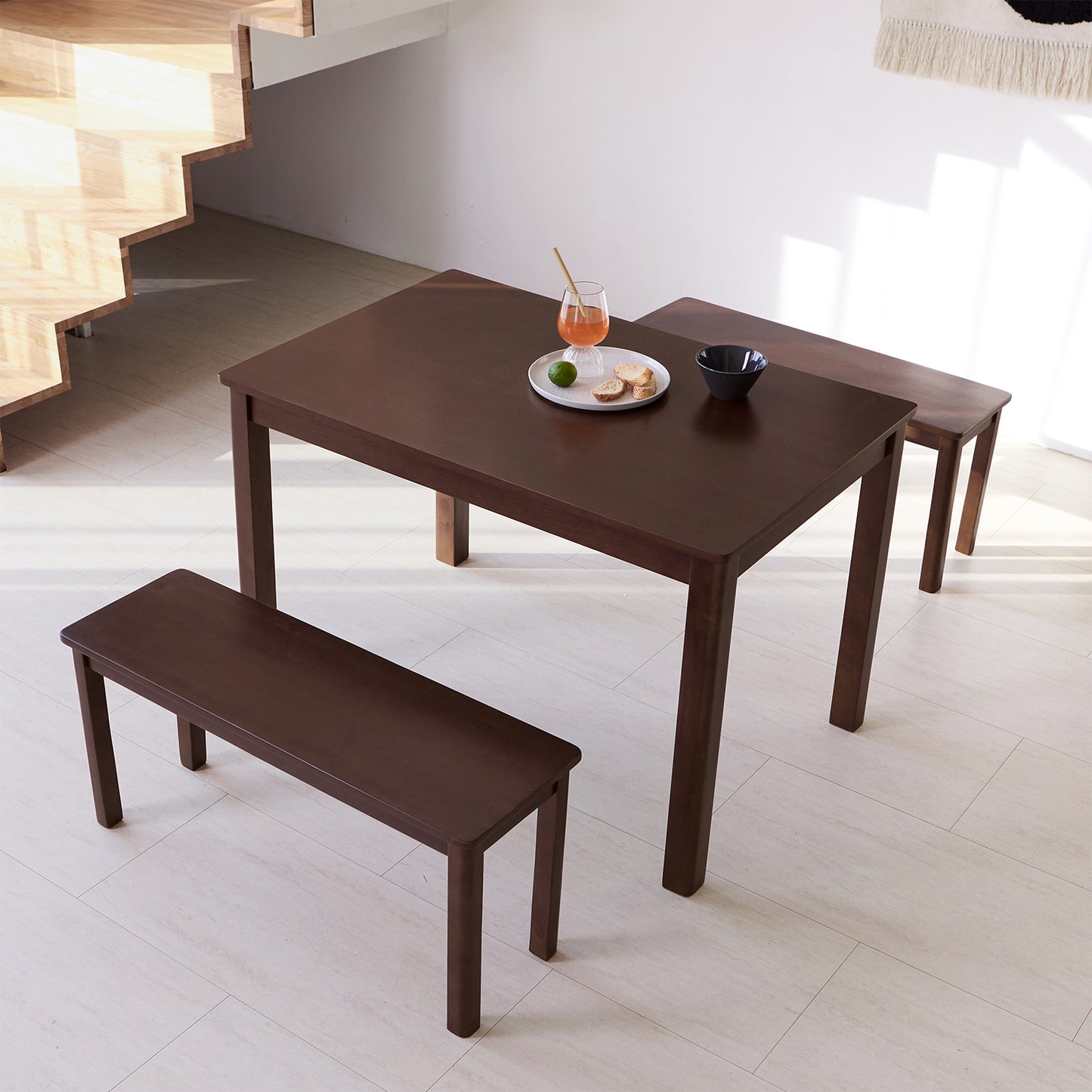3 Piece Cabin Wooden Dining Room Table Set with 2 Benches
